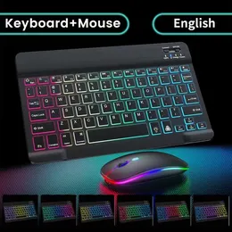 لوحة مفاتيح بلوتوث اللاسلكية 10 بوصة لوحة مفاتيح RGB والماوس الإسبانية المصغرة لوحة المفاتيح الإنجليزية للهاتف اللوحي