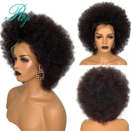 Parrucca riccia afro mongola corta simulazione frontale in pizzo pre -pizzo parrucche per capelli umani per donne wig255a in pizzo sintetico nero