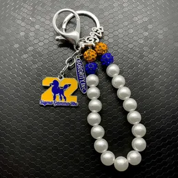 Greek Letter Society SIGMA GAMMA RHO Sorority Jewelry Poodle Pendant Metal Keychain White Pearl Chain Key Ring