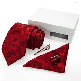 Bow Ties KAMBERFT Fashion Floral Jacquard Woven Gravata Tie Hanky Cufflinks Gift Box Necktie Sets For Wedding Party Accessories