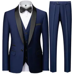 Men's Suits Men Block Collar 3 Pcs Jacket Trousers Waistcoat Male Business Casual Wedding Formal Blazers Coat Vest Pants Customize