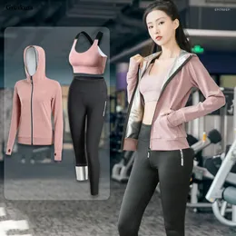 Gymkläder sportträning kvinnor svettdräkt fitness 3 stycke set som kör sportkläder tröjor rockar bh byxor bastu ropa mujer