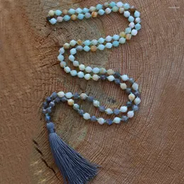 Ketten 108 Halskette aus Amazonit und Labradorit im Sternschliff, handgeknüpfte Mala-Perlen mit langem Quastenschmuck