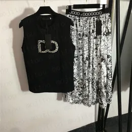 Print Dress Diamond Letter Vest Two Piece For Women Summer Designer Tanks Tops High Waist Pleated Skirts Suits