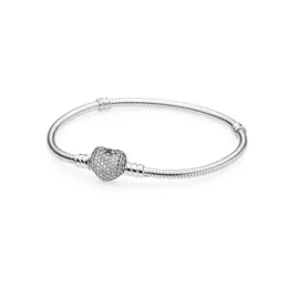 Pandora 925 Sterling Silver Womens Wedding Party 보석 여자 친구 선물 사랑 팔찌를위한 Pave Heart Snake Chain Charm Bracelet