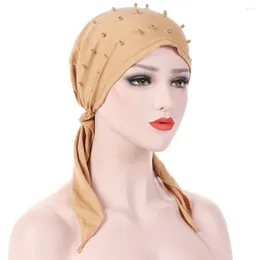 Abbigliamento etnico JTVOVO 2023 Foulard con perline di cotone di colore puro Donna musulmana che lega India Cappello Turbante Foulard Fazzoletto Moda Pirata