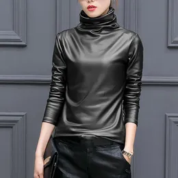 Women's T Shirts Fashion Faux Leather Plus Size Casual Winter Ladies Turtleneck Basic Tops Female Women Long Sleeve Shirt Blusas Pullover