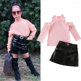 Kläder sätter 1-5 år flickor kläder småbarn långärmad rosa turtleneck tröja toppar pu mini kjol vår höstdräkter