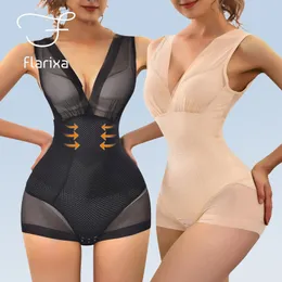 Kadın şekillendiricileri Flarixa Seksi Mesh Shapewear Kadınlar Bodysuit Yukarı Sütyen Düzeltme Tank Top Bel Eğitmeni Karın Tut Tutt Body Chapper Şeffaf Yamış 230227