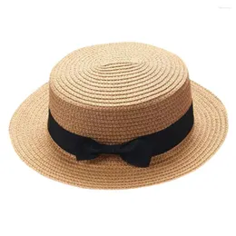 Beretler Boater Straw Hat Panama Kızlar Düz plaj şapkası çocuk çocukları Bebek Bowknot için Toptan Yay Nefes Alabilir Fransız Sunhat Chidren Chapeau
