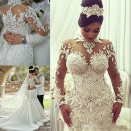 Azzaria Haute Couture Nigeria Wedding Dresses Mermaid High Neck 3D Floral Lace Plus Size Arabic Bridal Gowns Fishtail 3067