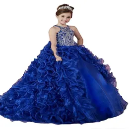 Luxury Royal Blue 2018 Girls Pageant Dresses Organza arruffato perle di cristallo per perle da ballo principessa festa per bambini per il matrimonio ragazza di fiori 205m