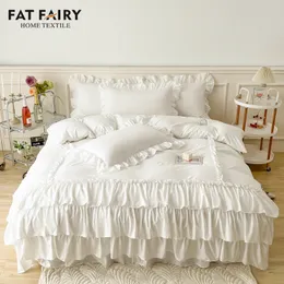Bedding conjuntos de camadas de bolo branco Big Lace Ruffles Girls Duvet Capa Conjunto de travesseiros saia de cama ou lençol