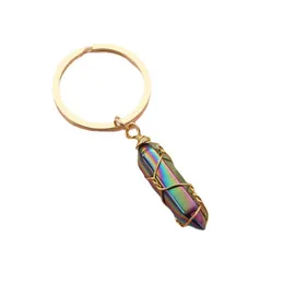 car dvr Keychains Lanyards Wire Wrap Natural Stone Hexagonal Prism Key Rings Healing Crystal Pink Car Decor Keyholder For Women Men Drop D Dhli3