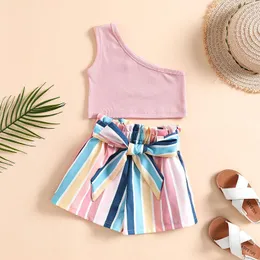 Giyim setleri 1-6 yıl bebek kızlar yaz kıyafetleri tek omuzlu yivli tank üstleri kuşaklı şerit/ yaprak çiçek baskı şort