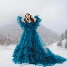 2023 Plus Size Maternity Pregnant Women Prom Dresses Puffy A-Line Teal Tulle Long Special Occasion Gowns Baby Shower Formal Evening Dress Tiered Court Train