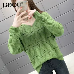 Suéteres de mujer Primavera Otoño Estilo coreano Sólido Hollow Out Jumper Mujeres Con cuello en V Moda Todo-fósforo Suéter Suéter Elegante Chic Ropa femenina 230227