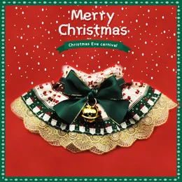 Cat Collars Leads Christmas Dog Collar Lace Bib Red Bowknot Santa Clause Printed Scarf with Bell Puppy Necklace Accessories 230227