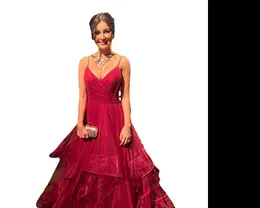 Hot Red Chiffon Evening Dresses Spaghetti Straps V Neck Ruched A Line Prom Backless Robe de Soiree Formella bankett Gows