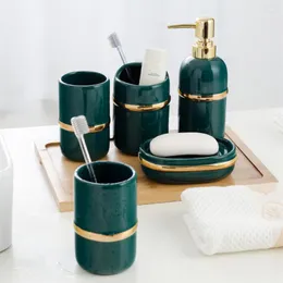 Bath Accessory Set Nordic Bathroom Accessories 5pcs Supply Kits 6 Pcs Bamboo Tray Emerald Golden Ring El Decoration Gift Ceramic Orange