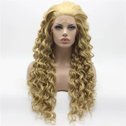 Iwona Hair Curly Long Three Tone Honey Blonde Mix Wig 18#613 16 27hy Half Hand Betied Heat Resistant Synthetic Lace Front Wig236p