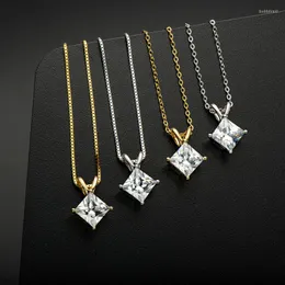 체인 Anziw 925 Sterling Silver Princess 컷 7 7mm 입방 지르코니아 솔리테어 펜던트 목걸이 여성 보석을위한 미적 액세서리