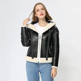 Women's Fur & Faux Winter Coat Women Simple Casual Black Short Zipper Genuine Leather Shearling Jacket With Hood MJF-SJ-05Women's