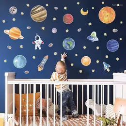 Adesivos de parede Sistema solar de desenho animado para quartos infantis decalques de decoração de decoração de decoração de mural de decoração de mural