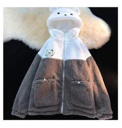 Lammull hoodie kvinnor överdimensionerade kawaii björn öron jacka kvinnlig japansk tjock varm tröja kvinna tröjor lösa långärmad ungdomsflicka kappa