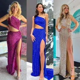 Abito lungo da ballo con spacco monospalla con paillettes 2k23 Cut Out Shimmer Sparkling Lady Preteen Girl Pageant Gown Formal Party Wedding Guest Red Capet Runway Hoco Fuchsia Gold