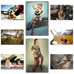 Sexy Pin Up Army Girl Poster Metal Painting Girl Sit on Airplane Painting Airforce Metal Wall Tin Sign Retro Tin Plate Poster Bar Cafe Garage Home Decor Size 30X20CM w01