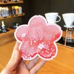 Mats Pads Glitter Coasters Cute for Drinks Ocean Rainbow Sakura With Quick Sand Flowing Drink Drop Ship 230227