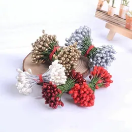 Dekoracyjne kwiaty podwójne głowy małe czerwone jagody symulacja wiśni pręcika DIY Wewnienia ślubne