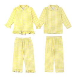 Pajamas Easter Summer Lemon Gingham Pyjamas Kids Knit Cotton Sleepwear Set Girls Long Sleeve Pajamas 230227