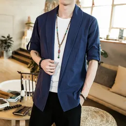 Etnisk kläder Lapel kimono cardigan klänning för män traditionella kinesiska kostymer skjorta bomullslinne jacka casual manlig kappa