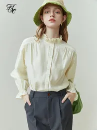 Kvinnors blusar fsle franska vintage trä öronstativ krage skjorta våren hösten 2023 lång ärm lös axel topp för kvinnor