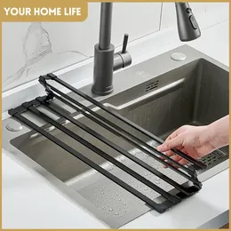 Mats almofadas rolam prato de secagem rack sobre a pia para cozinha portátil alumínio dobrável s no mofo de ferrugem 230227