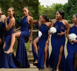 2023 Navy Blue Bridesmaid Dresses Sexy Halter Side Slit Floor Length Sleeveless Ruched Custom Made Plus Size Maid Of Honor Gowns 403 403