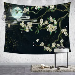 Tapisseries murales japonaises en tissu Lotus Rose lune, paysage de nuit personnalisé, décoration de dortoir de maison, tapis de couverture en tissu