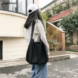 Shopping Bags Canvas Shoulder Shopping Bags Womens Shopper Daily Simple Solid Harajuku Female Casual Large Capacity Foldable Travel Bag 230225