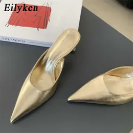 Dress Shoes Eilyken Gold Silver Women Pumps Slipper Fashion Pointed Toe Shallow Stiletto High Heel Slingback Mules tacones mujerL230227