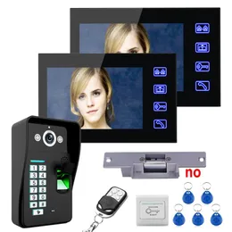 Videodörrtelefoner 7 "TFT 2 övervakar fingeravtrycksigenkänning Telefon Intercom System Kit Electric Strike Lock Remote Control UnlockVideo