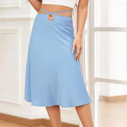 تنانير الساتان للنساء عالية الخصر A-line الأنيقة الصيفية Pink Midi Skirt Fashion 2023