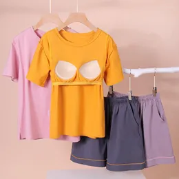 Women's Sleepwear Cotton Short-sleeved Shorts Two-piece Sets Pajamas For Women's Summer Cup One-piece With Chest Pad Home Clothes Women