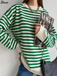 Kadın Sweaters O Boyun Vintage Çizgili Kazak Altaklar Kadınlar için Rahat Gevşek Uzun Kollu Jumpers Sonbahar Kadın Damla Omuz Kintting Üstler 230227