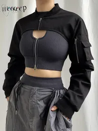 Jackets femininos Weekeep Punk Style Super Cropped Jacket Zip Up Pocket Patchwork Cargo Mulheres roupas de rua Black Coat Black Korean Fashion 230228