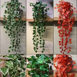 الزهور الزخرفية النباتات الاصطناعية حمراء فروع الكرمة الأخضر الجدار شنقا البلاستيك روطان المنزل الزفاف الديكور