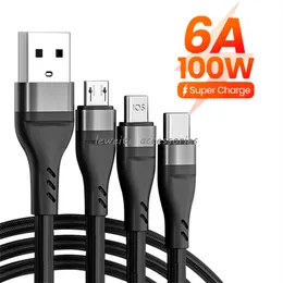 100W 6A USB Typ C -kabel Super Fast Charging Cable för iPhone Samsung Xiaomi Mobiltelefon 3 i 1 USB -laddningsdatakabel 1.2m