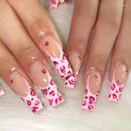 False Nails 24pcs Pink Leopard Fake With Rhinestone Ballerina Long Coffin Wearable Full Cover Press On Manicure Fingernail