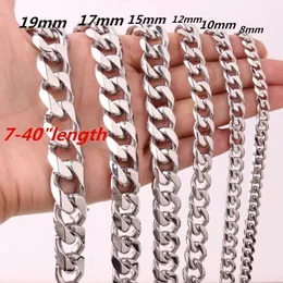 Kedjor 5/8/10/12/15/17/19mm Mens Cool 316L Rostfritt stål Silverfärg CURB CUBAN Link Chain Halsband 7-40 "Juveler1